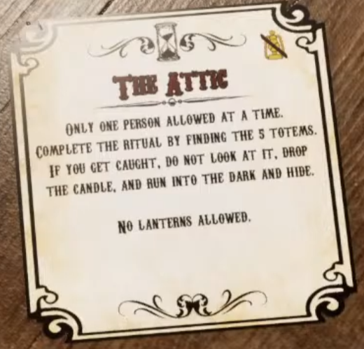 The Attic Event card explaining the five-totem ritual, candle and hiding rules