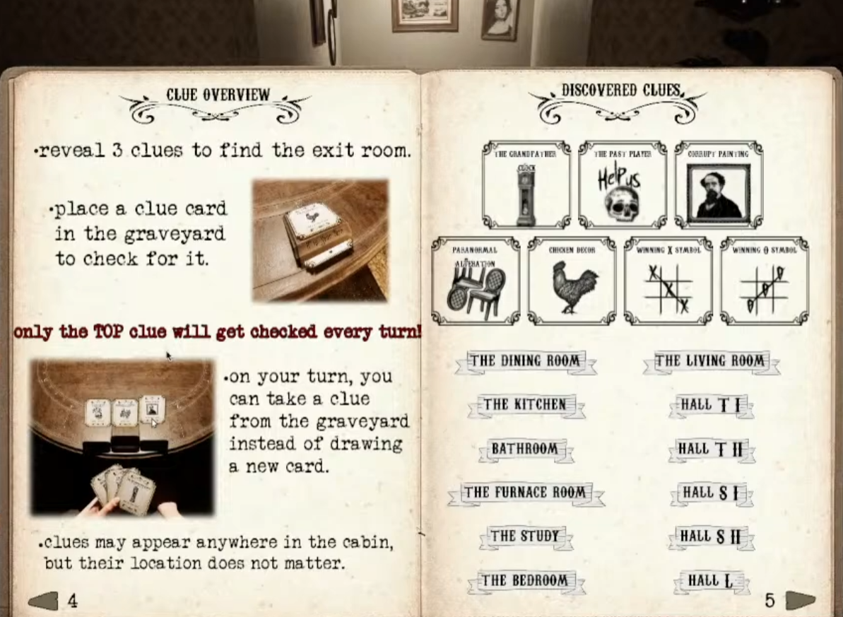 Open in-game manual showing clue rules and discovered clues