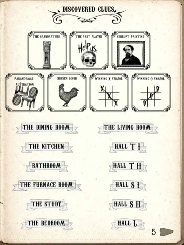 Manual page listing Grandfather Clock, Past Player, Corrupt Painting, Paranormal Alteration, Chicken Decor, Winning X Symbol and Winning O Symbol