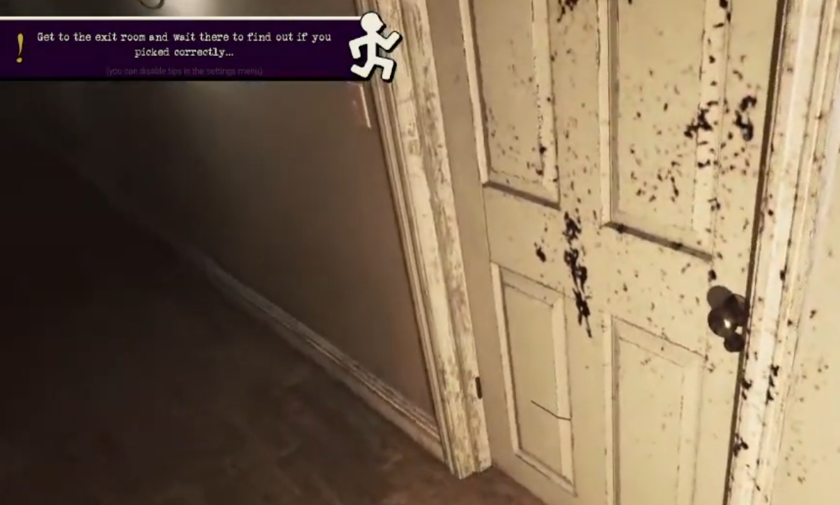 In-game tip telling players to get to the exit room and wait to see if they picked correctly