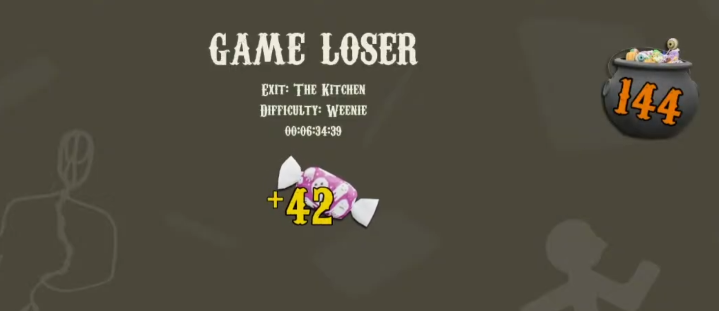 Game Loser result screen showing plus 42 candy on Weenie difficulty