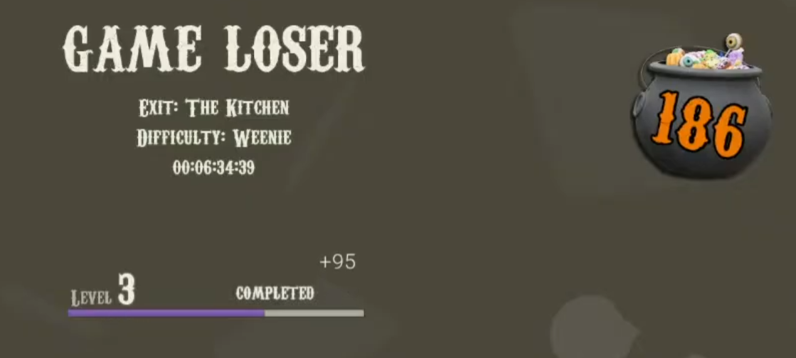 Game Loser result screen showing plus 95 level progress and a candy total of 186