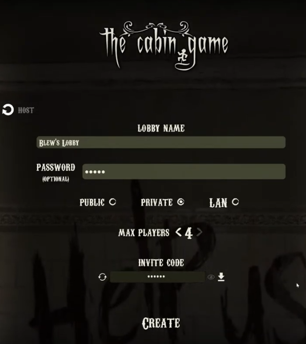 Host lobby screen showing public, private and LAN modes, optional password, max players set to four and a hidden invite code